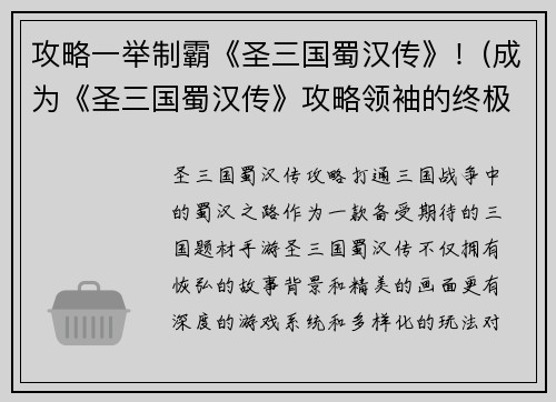 攻略一举制霸《圣三国蜀汉传》！(成为《圣三国蜀汉传》攻略领袖的终极手册)